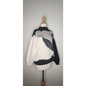 Vintage 80s Abstract Sweater | Black & White Mock Neck Pullover | Geometric Knit